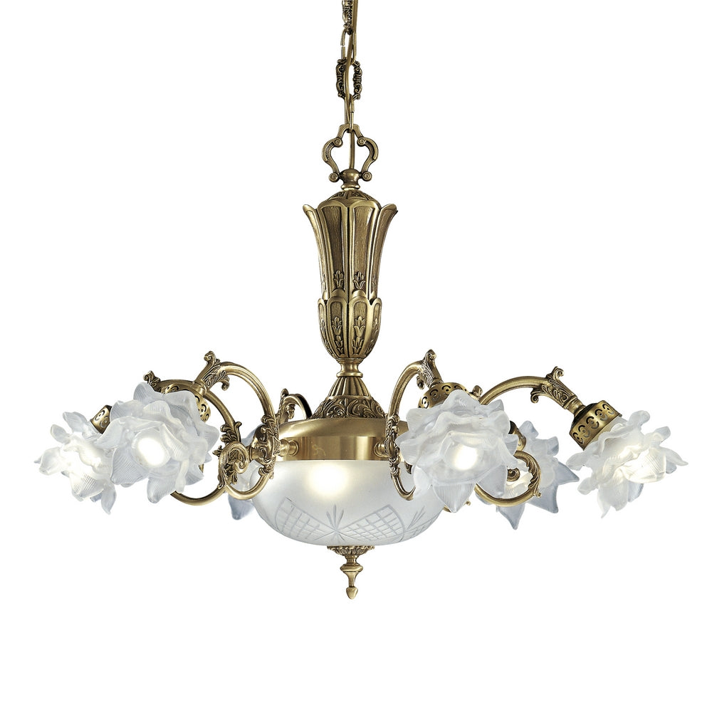 Brass chandelier and mother-of-pearl flower shades from the 80s